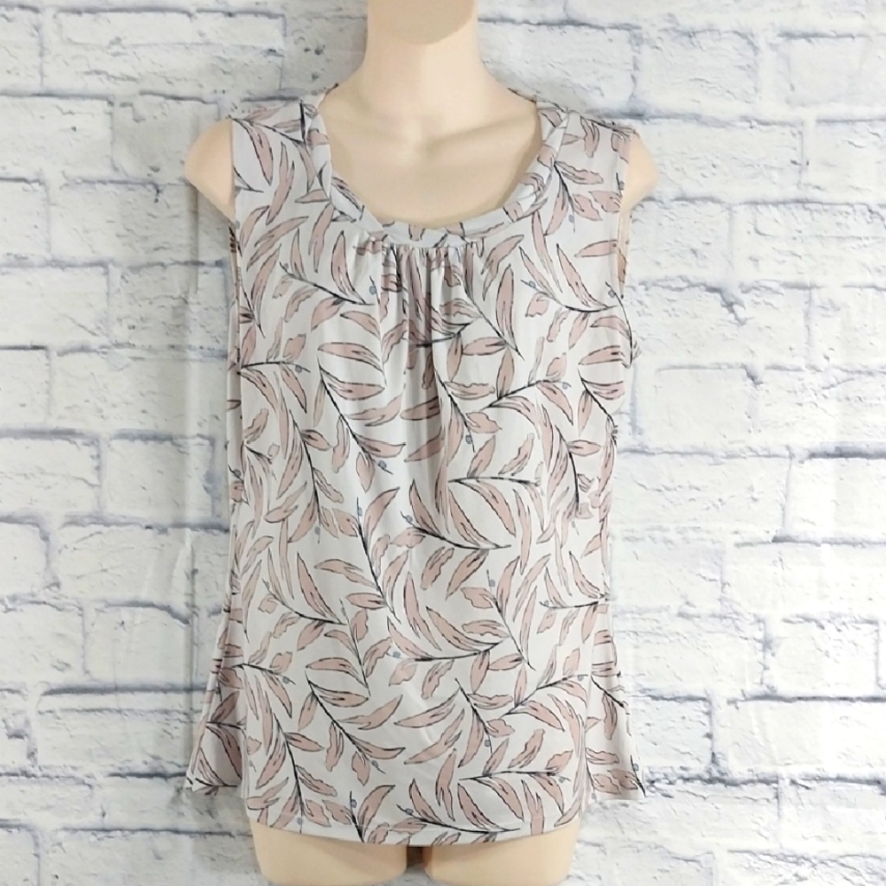 Ann Taylor Factory Cream and Blush Leaf-Print Sleeveless Blouse